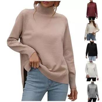 Женская мода однотонный свитер с длинным рукавом и полувысоким воротом и разрезом реглан M хаки