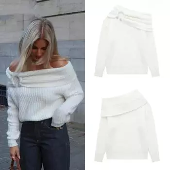 Женская мода однотонный свитер с открытыми плечами с длинным рукавом вязаный пуловер свитер осень женский повседневный трикотаж шикарный топ S белый