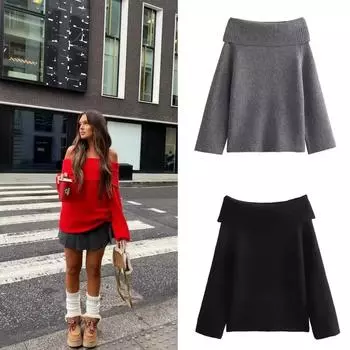 Женская мода однотонный свитер с открытыми плечами, длинный рукав, вязаный пуловер, свитер, осень и зима, женский повседневный трикотаж, шикарный топ S чёрный