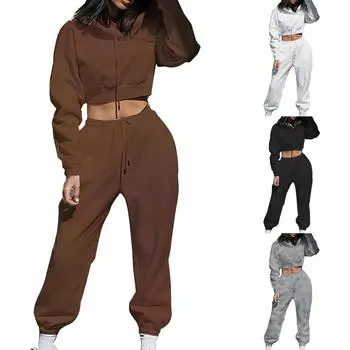 Женская мода, однотонный свободный флисовый свитшот с капюшоном, брючный костюм с длинными рукавами L кофейный