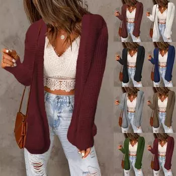 Женская мода, однотонный свободный свитер, куртка, вязаный кардиган, разноцветный кардиган, трикотаж