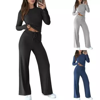 Женская мода, однотонный топ без рукавов с круглым вырезом, повседневные брюки, комплект S чёрный