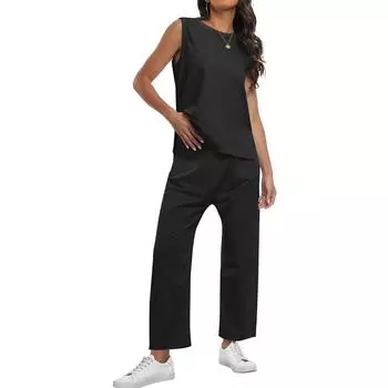 Женская мода, однотонный топ без рукавов с круглым вырезом, повседневные брюки, комплект L чёрный