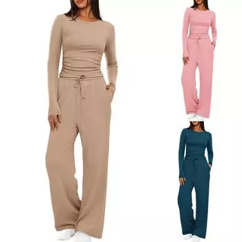 Женская мода, однотонный топ без рукавов с круглым вырезом, повседневные брюки, комплект M синий