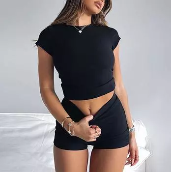 Женская мода, однотонный топ с короткими рукавами и короткие брюки, комплект спортивных комплектов L чёрный