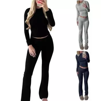 Женская мода, однотонный топ с круглым вырезом и длинными рукавами, широкие брюки, комплект XL чёрный