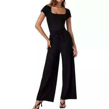 Женская мода однотонный топ с квадратным вырезом и короткими рукавами, повседневный комплект брюк L чёрный