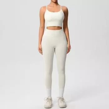 Женская мода однотонный топ с открытой спиной облегающий дышащий комплект для йоги спортивные штаны для бега фитнеса комплект из двух предметов L бежевый