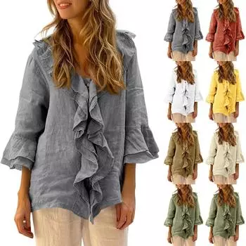 Женская мода однотонный топ с V-образным вырезом на пуговицах и рукавами 3/4 L коричневый