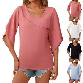 Женская мода однотонный топ с V-образным вырезом и цветочным принтом, рукавами-бутонами, темперамент L чёрный