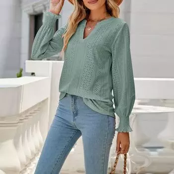 Женская мода, однотонный топ с вырезом и плиссировкой, рукавом-листом, V-образным вырезом и свободными рукавами M зелёный