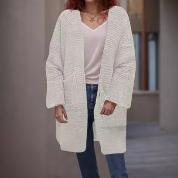 Женская мода однотонный трикотажный кардиган с V-образным вырезом и свободными карманами L бежевый