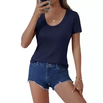 Женская мода однотонный U-образный вырез с короткими рукавами пуловер повседневная футболка топ M тёмно-синий