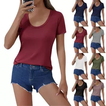 Женская мода однотонный U-образный вырез с короткими рукавами пуловер повседневная футболка топ L армия зеленый