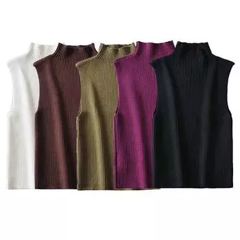 Женская мода однотонный укороченный вязаный пуловер жилет винтажный высокий ворот без рукавов женский шикарный женский топ без рукавов L чёрный