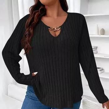 Женская мода однотонный V-образный вырез длинный рукав свободный пуловер футболка топ XXL чёрный