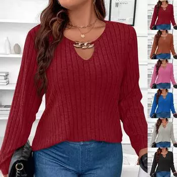 Женская мода однотонный V-образный вырез длинный рукав свободный пуловер футболка топ XXL чёрный