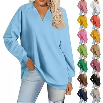 Женская мода однотонный V-образный вырез длинный рукав свободный пуловер свитшот топ L чёрный