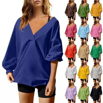 Женская мода однотонный V-образный вырез длинный рукав свободный пуловер свитшот топ S шафрановый