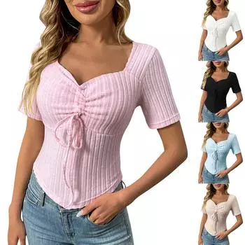 Женская мода однотонный V-образный вырез плиссированный шнурок сексуальный короткий рукав топ L чёрный