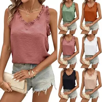 Женская мода однотонный V-образный вырез с оборками милый безрукавный жилет топ L чёрный