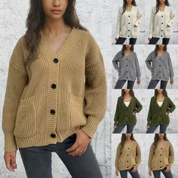 Женская мода однотонный вязаный кардиган с карманами на пуговицах пальто свитер L армия зеленый