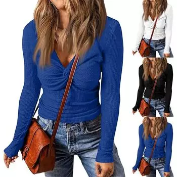 Женская мода однотонный вязаный пуловер с длинными рукавами и v-образным вырезом XXL белый