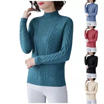 Женская мода однотонный вязаный свитер с половиной высоким воротником и длинными рукавами S синий