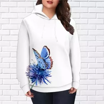 Женская мода Одуванчик Бабочка Принт Свободные Толстовки Топы Блузка Свитшот Повседневный Длинный Рукав Пуловер Топы XS белый
