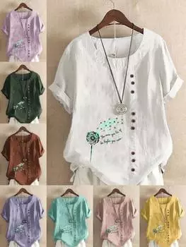 Женская мода одуванчик печать короткий рукав футболка свободная хлопковая рубашка повседневная свободная летняя блузка топы плюс размер S розовый