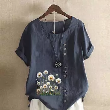 Женская мода Одуванчик Трава Принт Футболка с коротким рукавом Свободная хлопковая рубашка Повседневная свободная летняя блузка Топы размера плюс S темно-синий