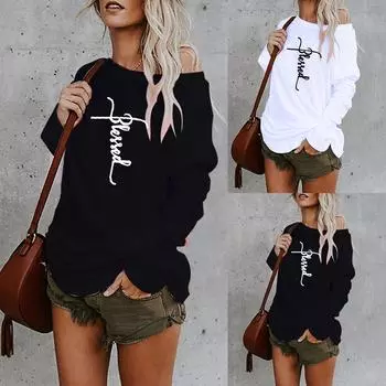 Женская мода Oneck 3D-печать пуловера Легкие рубашки с длинными рукавами Топы M белый