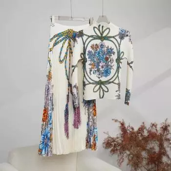 Женская мода осень 2025: Комплект из плиссированного топа и юбки в европейском и американском стиле One Size белый