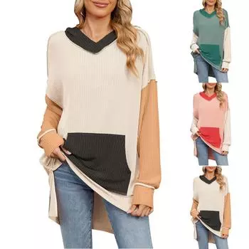 Женская мода осень и зима цветной пуловер с длинным рукавом с капюшоном L бежевый