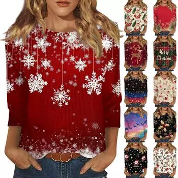 Женская мода осень и зима повседневная круглая горловина матовая рубчатая рождественская печать футболка рукав три четверти женская одежда L чёрный