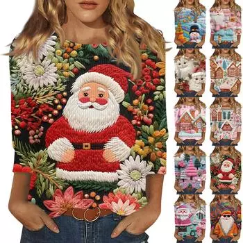 Женская мода осень и зима повседневная круглая горловина матовая рубчатая рождественская печать футболка рукав три четверти женская одежда S