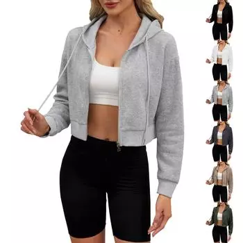 Женская мода осень и зима повседневная однотонная куртка с капюшоном на молнии с длинным рукавом L армия зеленый