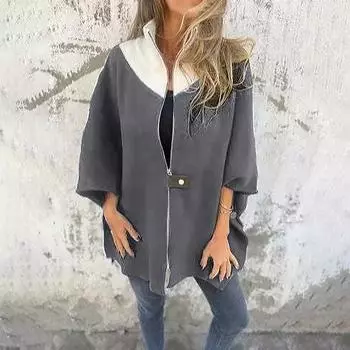 Женская мода осень и зима повседневная свободная молния стоячий воротник куртка пальто 2XL чёрный