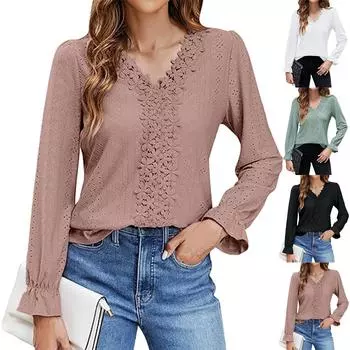 Женская мода осень и зима ребристые однотонные V-образный вырез тонкие длинные рукава футболки топы L чёрный