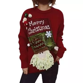 Женская мода осень и зима рождественский свободный круглый вырез пуловер вязаный свитер M