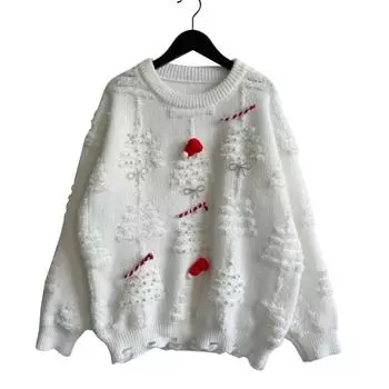 Женская мода осень и зима рождественский свободный круглый вырез пуловер вязаный свитер L