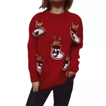 Женская мода осень и зима рождественский свободный круглый вырез пуловер вязаный свитер L красный