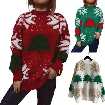 Женская мода осень и зима рождественский свободный круглый вырез пуловер вязаный свитер S красный