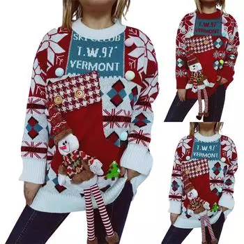 Женская мода осень и зима рождественский свободный круглый вырез пуловер вязаный свитер S белый