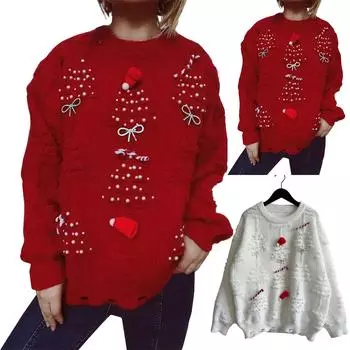 Женская мода осень и зима рождественский свободный круглый вырез пуловер вязаный свитер S красный