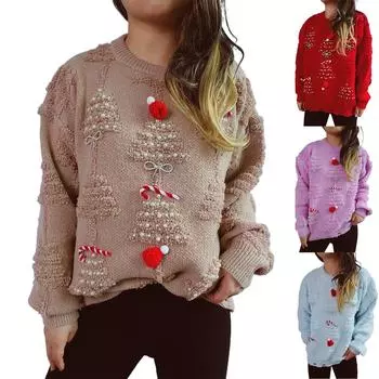 Женская мода осень и зима рождественский свободный круглый вырез пуловер вязаный свитер L красный
