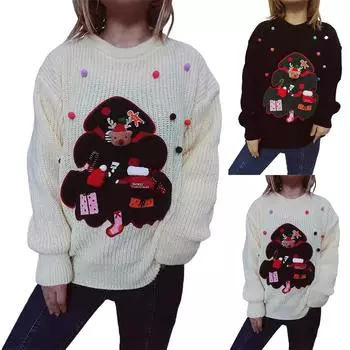 Женская мода осень и зима рождественский свободный круглый вырез пуловер вязаный свитер M чёрный