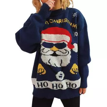 Женская мода осень и зима рождественский свободный круглый вырез пуловер вязаный свитер L синий