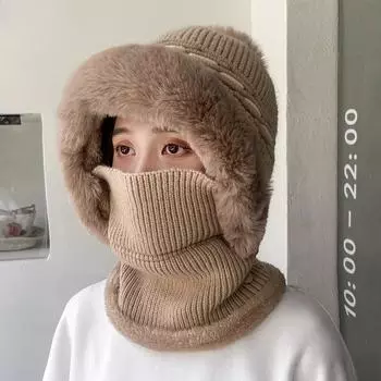 Женская мода осень и зима утепленный теплый 2-в-1 шапка шарф комплект женская уличная велосипедная шапка с шейным платком