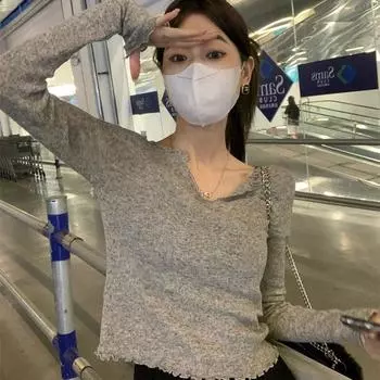 Женская мода осень V-образный вырез длинный рукав Slim Fit футболка топ one size серый